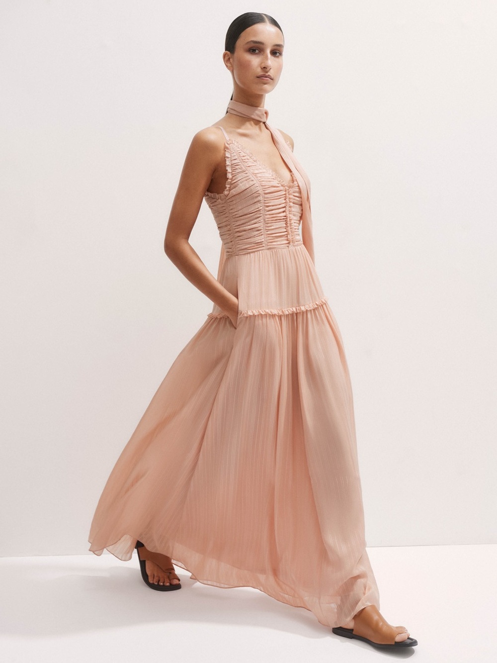 ME + EM Silk Textured Full-Length Dress + Tie